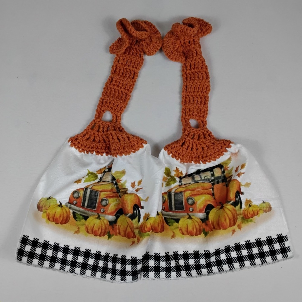 Fall Hanging Kitchen Towels Set of 2 Pumpkin Truck Crochet Top Buffalo Plaid